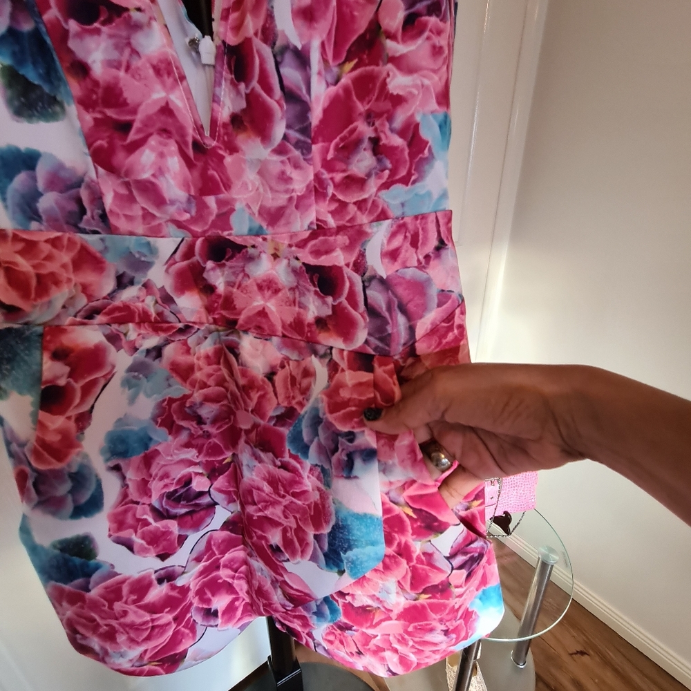 KNIGHT ANGEL 6 Pink Floral V Neck Sleeveless with Pockets Maxi Midi Romper Dress - Picture 4 of 16